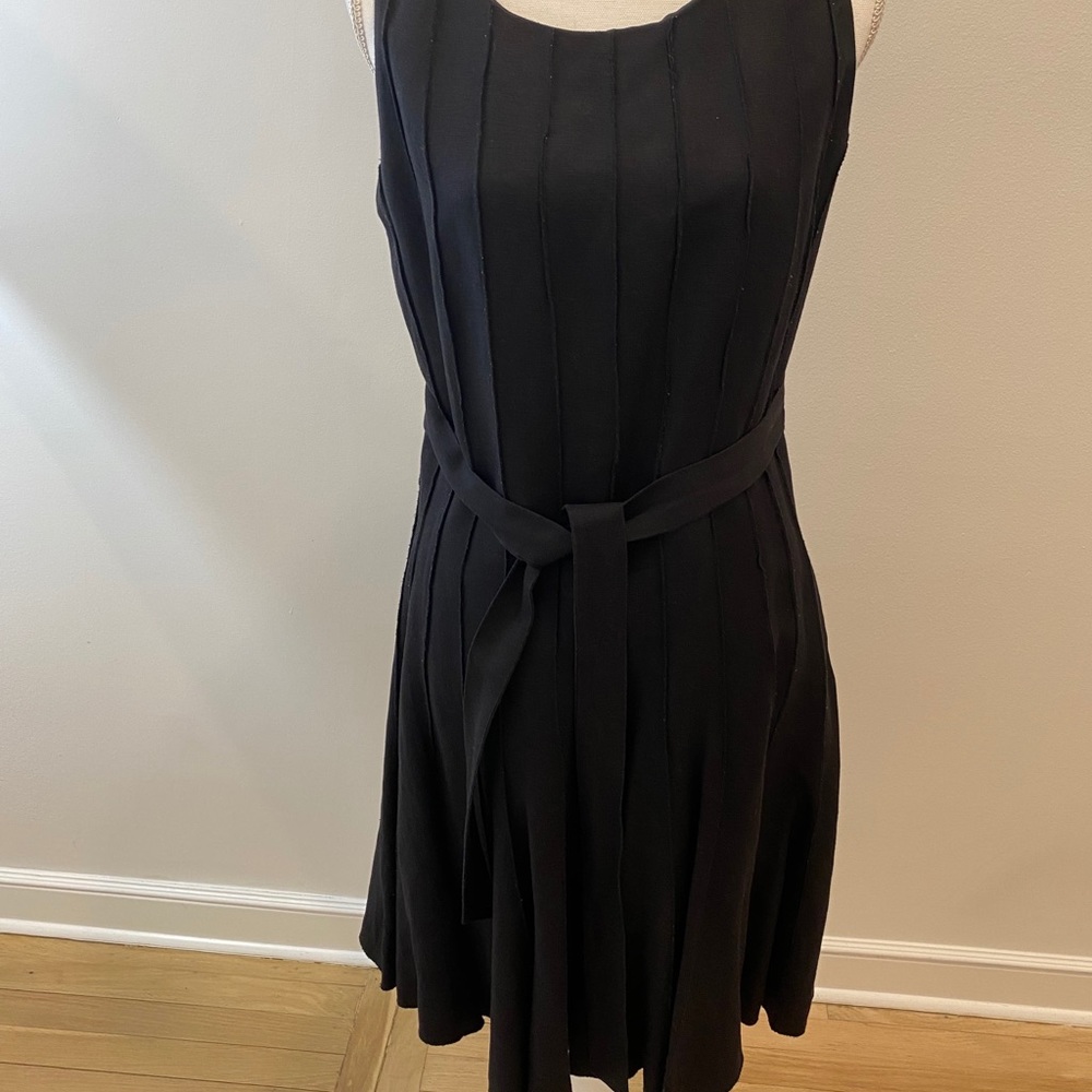 Black linen/rayon A-line dress with belt